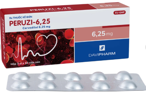 4608. Peruzi-6,25 - (Carvedilol 6.25mg) - [Thùng 255 hộp; hộp 3 vỉ; vỉ 10 viên] Davipharm - Việt Nam
