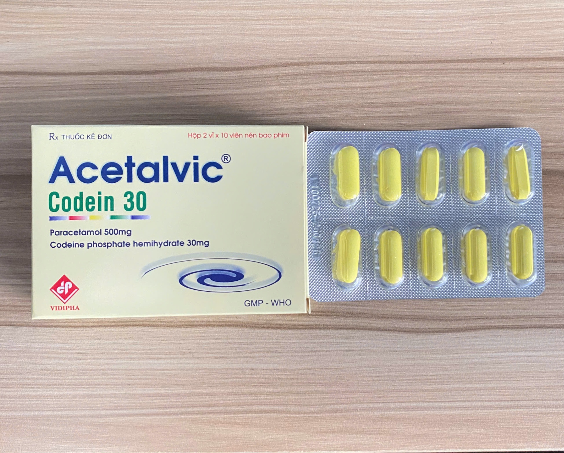 5330. Acetalvic Codein 30 - (Paracetamol 500mg + Codein phosphat hemihydrat 30mg) - [Thùng 440 hộp; hộp 2 vỉ; vỉ 10 viên] Vidipha - Việt Nam