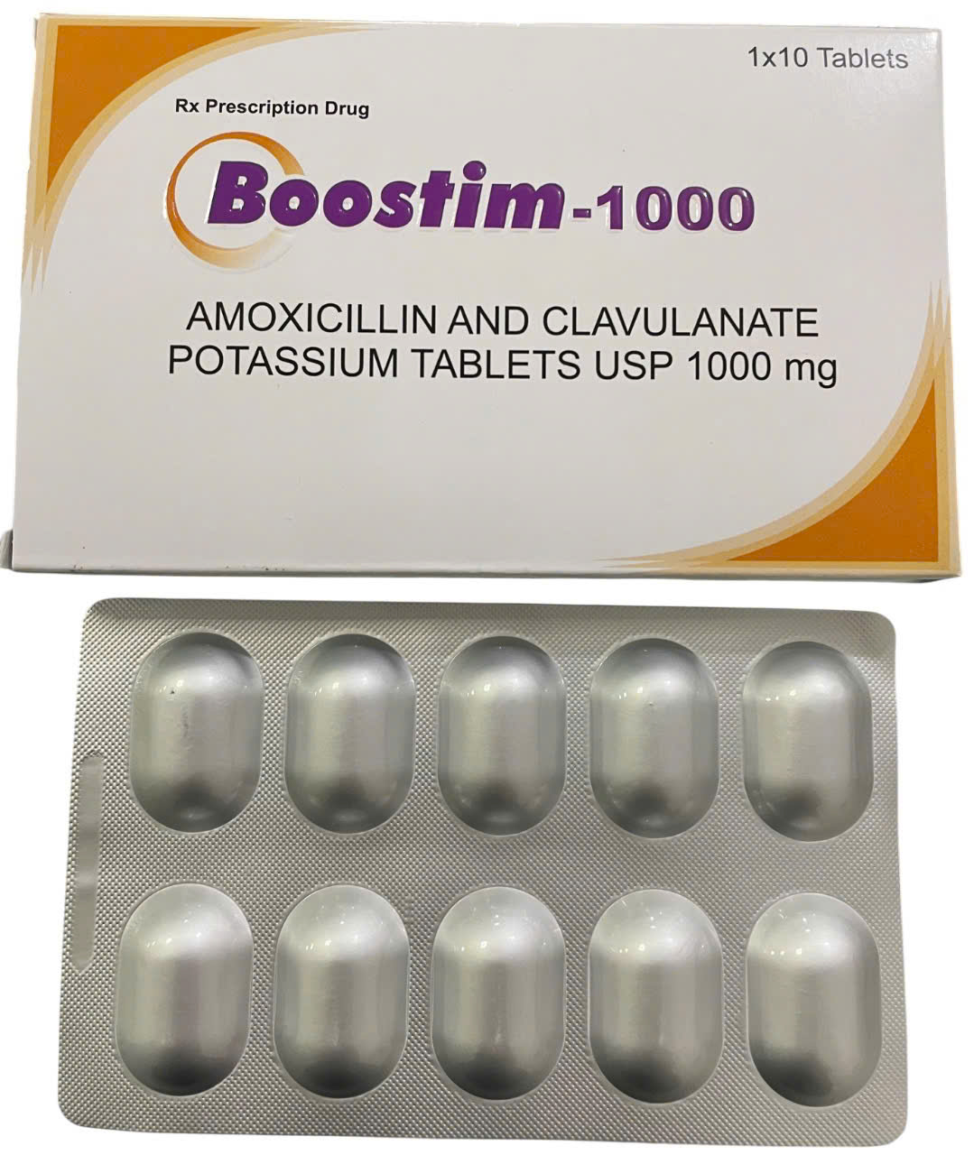 5426. Boostim 1000 - (Amoxicillin trihydrat USP (tương đương Amoxicillin USP) 875mg + Kali Clavulanat pha loãng BP (tương đương Acid Clavulanic BP) 125mg) - [Thùng 100 Hộp; Hộp 1 Vỉ; Vỉ 10 Viên] Omnicals Pharma Private Limited - Ấn Độ