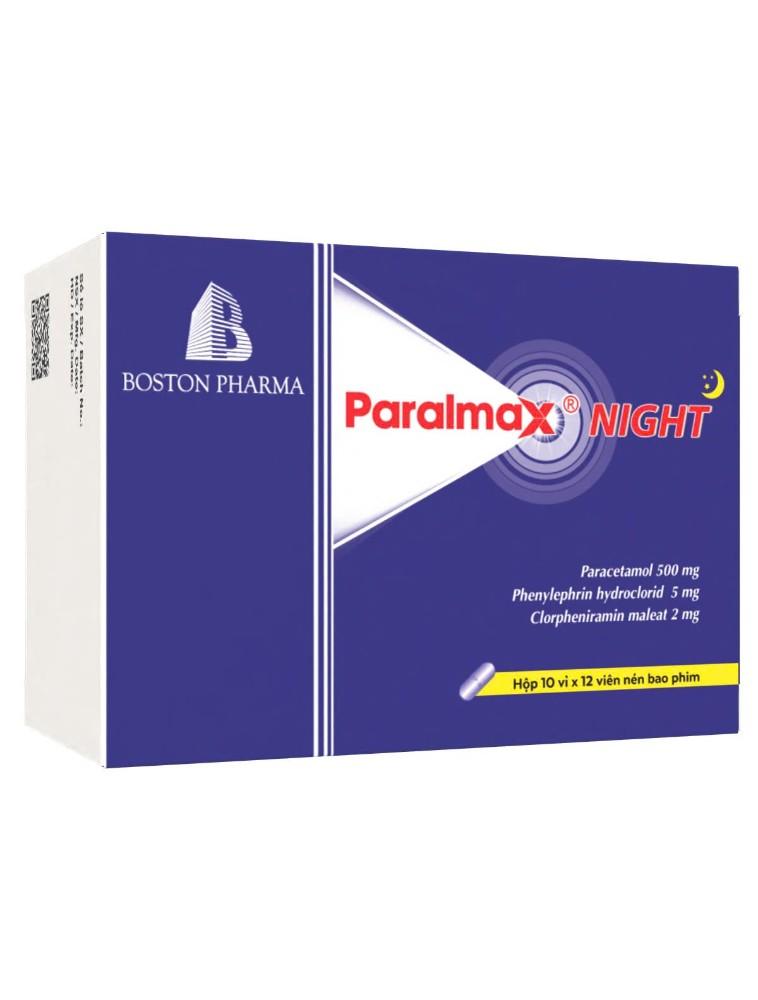 5615. Paralmax Night - (Clorpheniramin maleat 2mg + Paracetamol 500mg + Phenylephrin hydroclorid 5mg) - [Thùng 60 Hộp; Hộp 10 Vỉ; Vỉ 12 Viên] Bostonpharma - Việt Nam