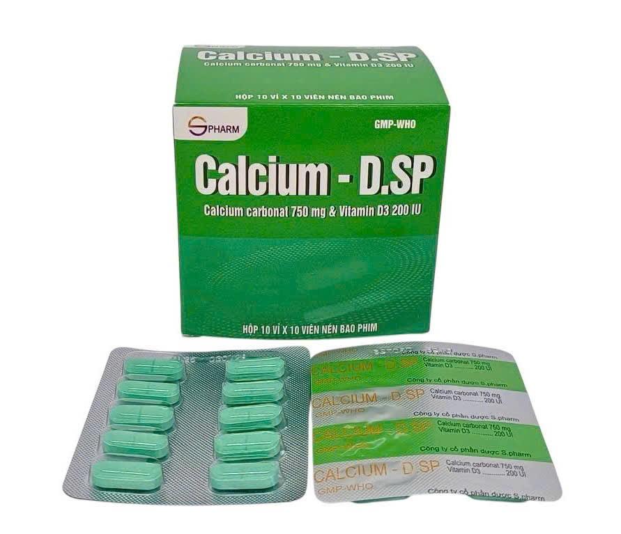 5589. Calcium D.sp V/10 H/100 - (Calci carbonat 750mg + Vitamin D3 200UI) - [Thùng 110 hộp; hộp 10 vỉ; vỉ 10 viên] S.pharm - Việt Nam