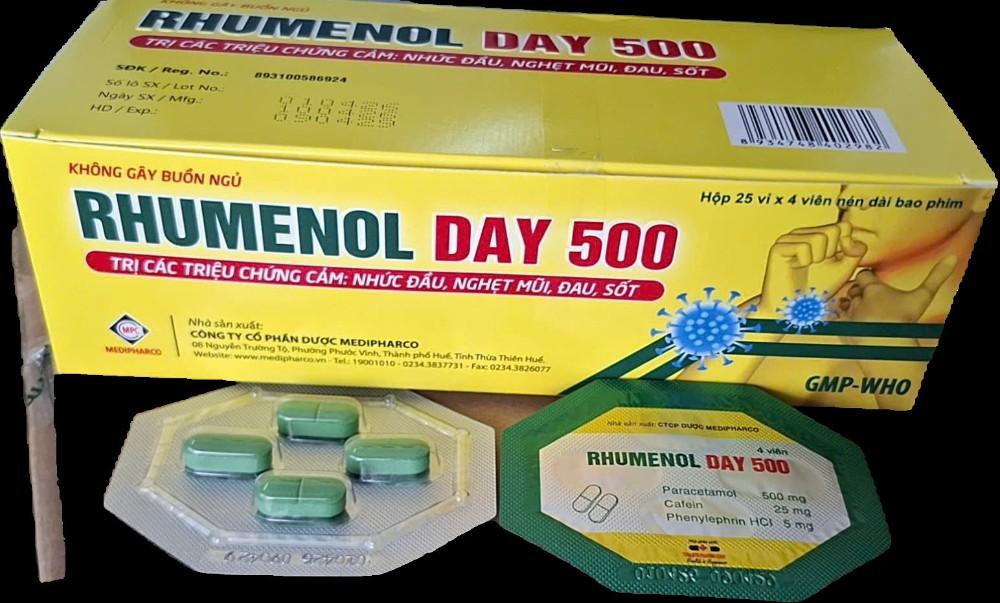 5675. RHUMENOL DAY 500 - (Paracetamol (Acetaminophen) 500mg + Cafein 25mg + Phenylephrin 5mg) - [Thùng 80 Hộp; Hộp 25 Vỉ; Vỉ 4 Viên] Medipharco - Việt Nam