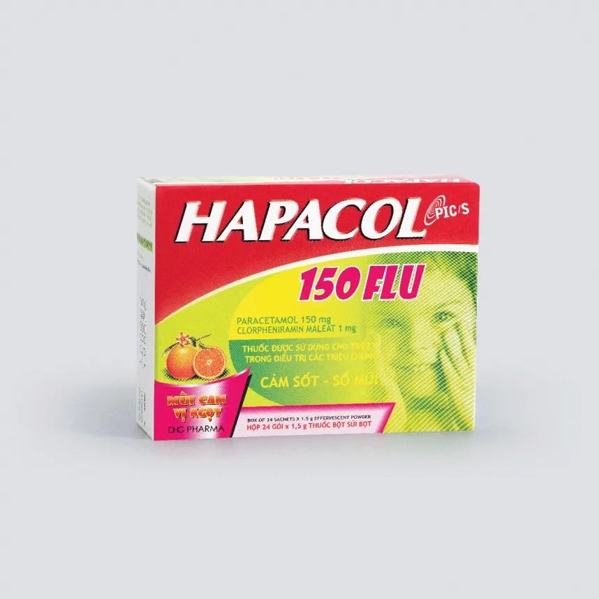 5687. Hapacol 150 Flu - (Paracetamol 150mg + Clorpheniramin maleat 1mg) - [Thùng 144 hộp; hộp 24 gói; gói 1.5 g] Dhg Pharma - Việt Nam