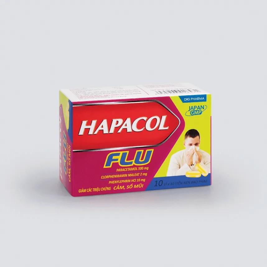 5743. Hapacol Flu - (Paracetamol 500mg + Clopheramine HCl 2mg + Phenylepherine HCl 10mg) - [Thùng 96 hộp; hộp 10 vỉ; vỉ 10 viên] Dhg Pharma - Việt Nam