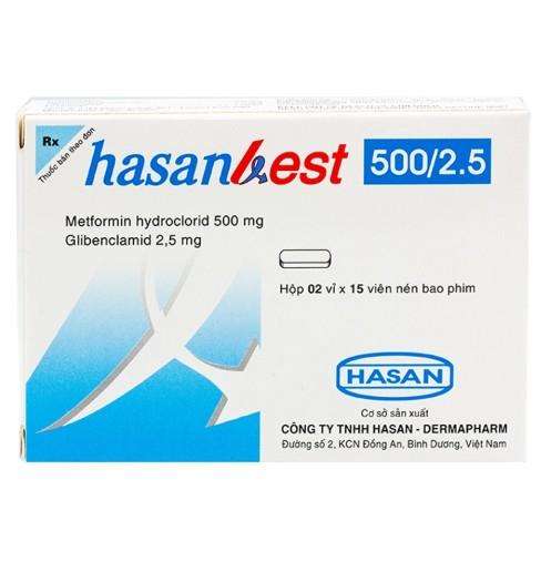 5816. Hasanbest 500/2,5 - (Metformin hydroclorid 500mg + Glibenclamid 2,5mg) - [Thùng 100 hộp; Hộp 2 vỉ; Vỉ 15 viên] Hasan - Việt Nam
