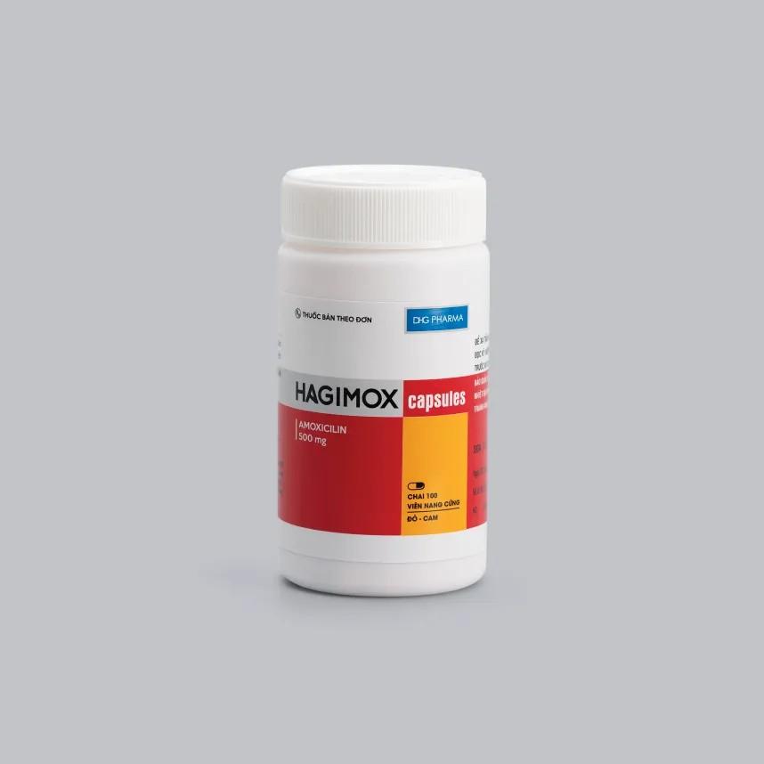 5875. Hagimox capsules (đỏ-cam) - (Amoxicilin 500mg) - [Thùng 126 Chai; Chai 100 Viên] DHG Pharma - Việt Nam