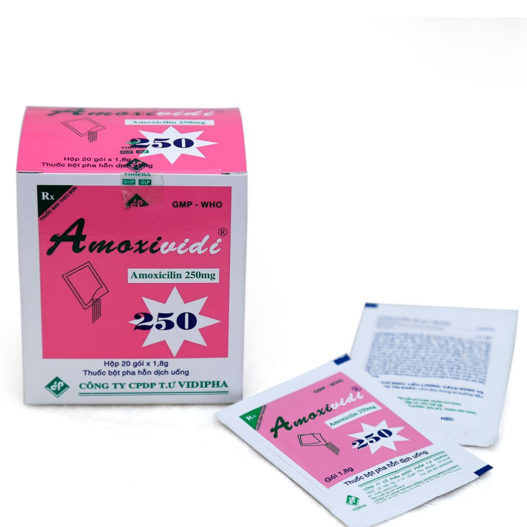 1315. Rx Amoxividi 250 - (Amoxicillin 250mg) - [Thùng 165 Hộp; Hộp 20 Gói; Gói 1 G] Vidipha - Việt Nam