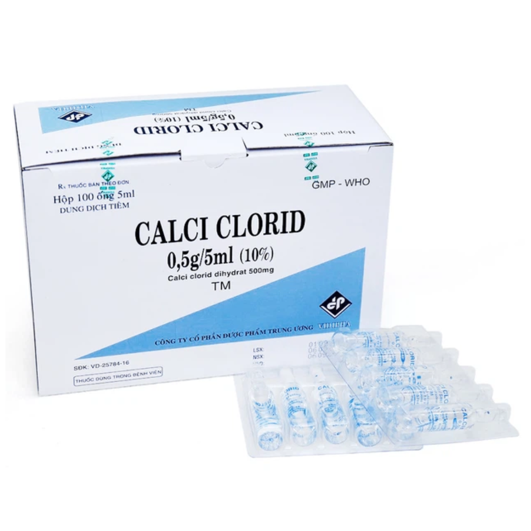 1326. Calci Clorid 0,5G/5Ml - (Calci clorid dihydrat 0.5g) - [Thùng 12 Hộp; Hộp 100 ống; ống 5 Ml] Vidipha - Việt Nam
