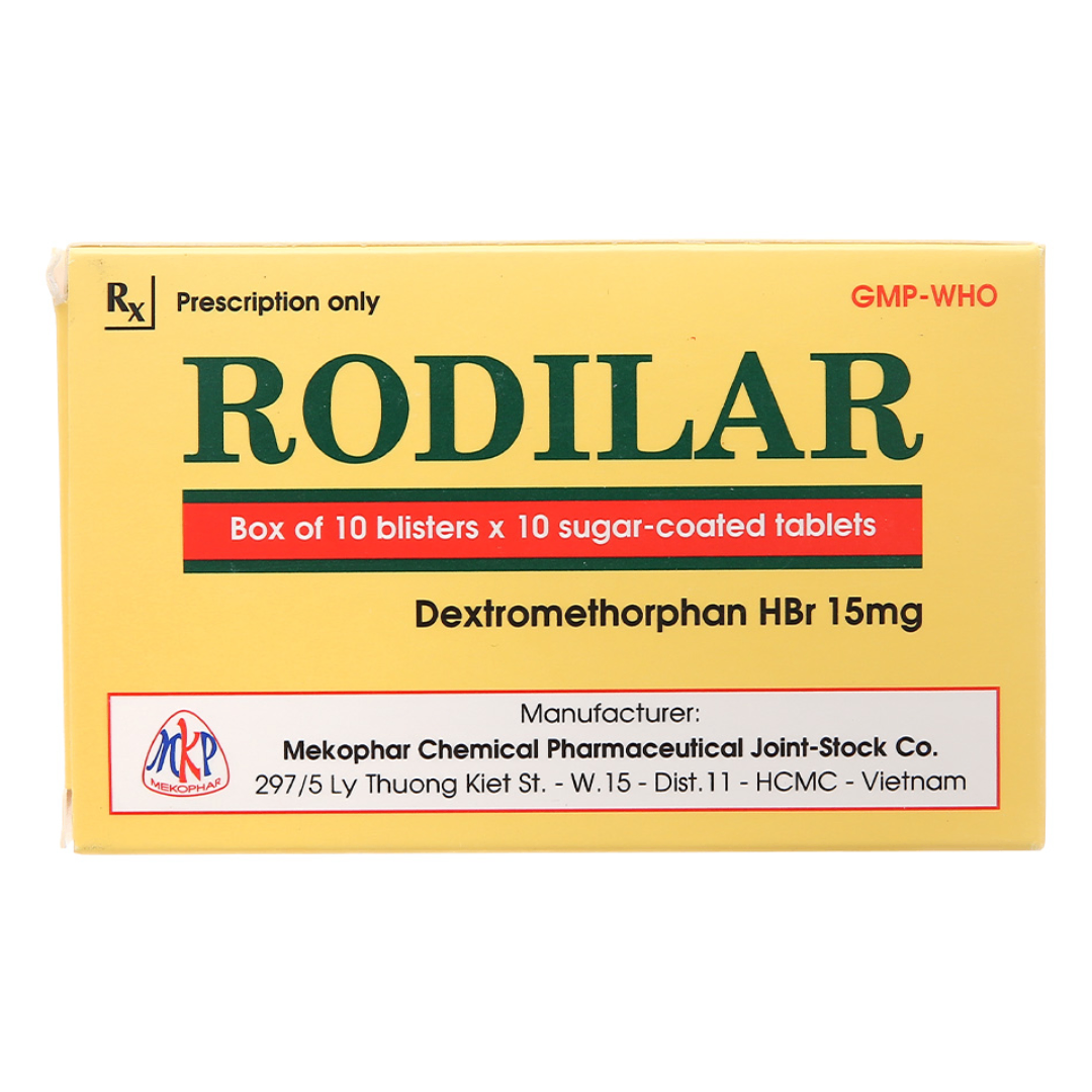 1478. Rodilar Vbđ - (Dextromethorphan HBr 15mg) - [Thùng 90 Hộp; Hộp 10 Vỉ; Vỉ 10 Viên] Mekophar - Việt Nam