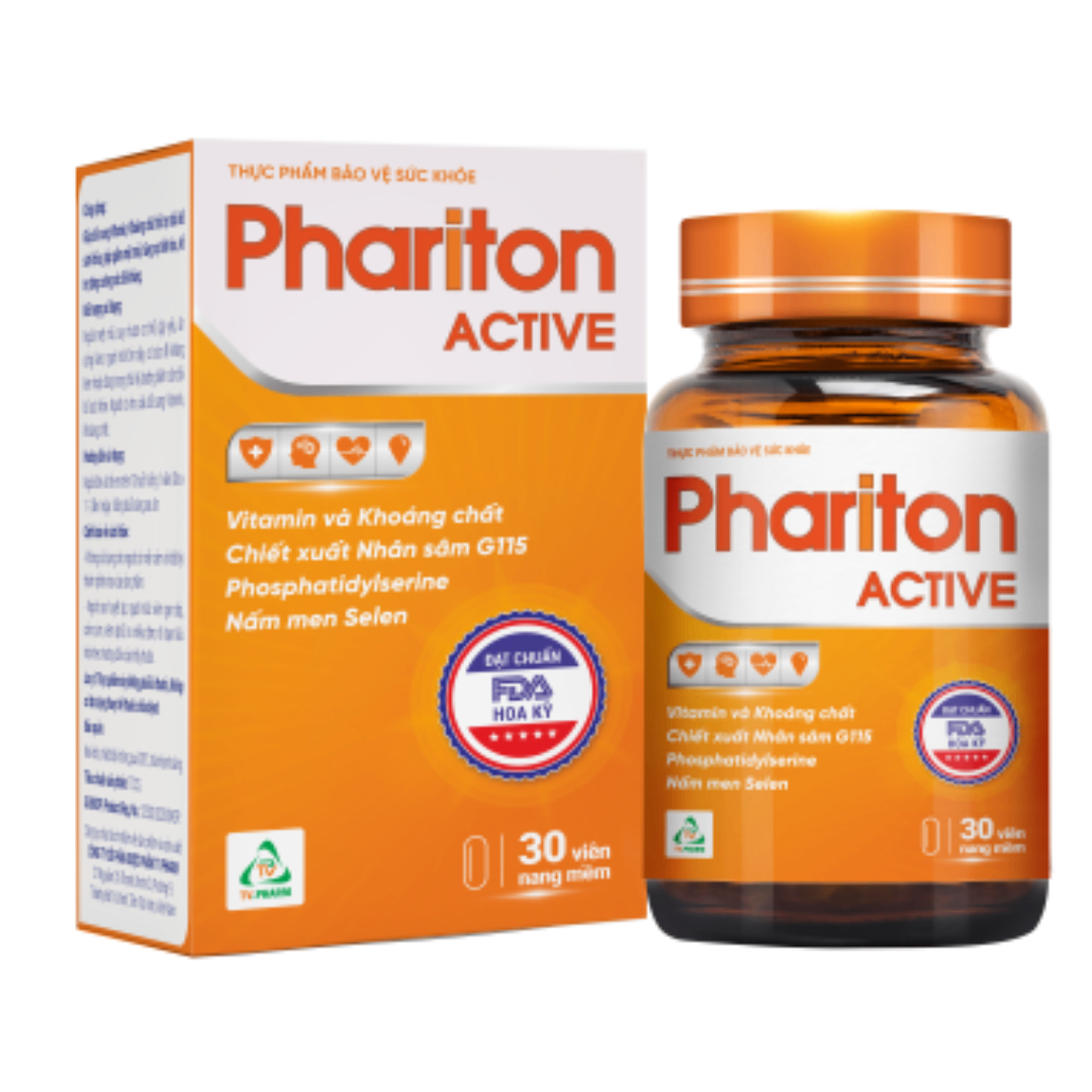 1539. Phariton Active - (Phosphatidylserine 20%: (tương ứng Phosphatidylserine 10mg) 50mg + Chiết xuất Nhân sâm G115 40mg + Rutin, Các vitamin và khoáng chất 20mg) - [Thùng 30 chai; chai 30 viên] Trà Vinh - Việt Nam