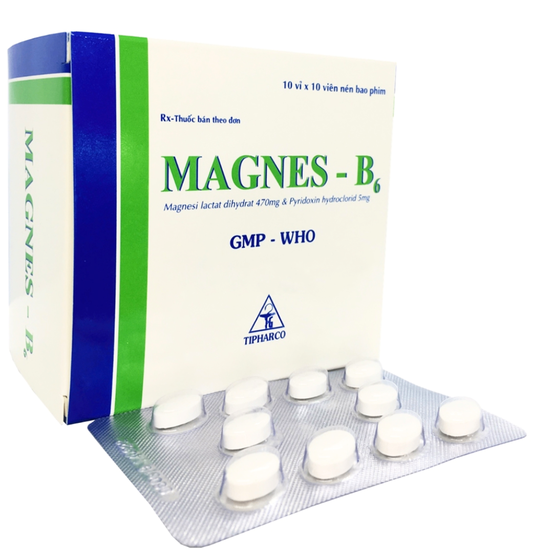 1567. Magnes B6 - (Magnesi lactat 470mg + Pyridoxin HCl 5mg) - [Thùng 69 Hộp; Hộp 10 Vỉ; Vỉ 10 Viên] Tipharco - Việt Nam