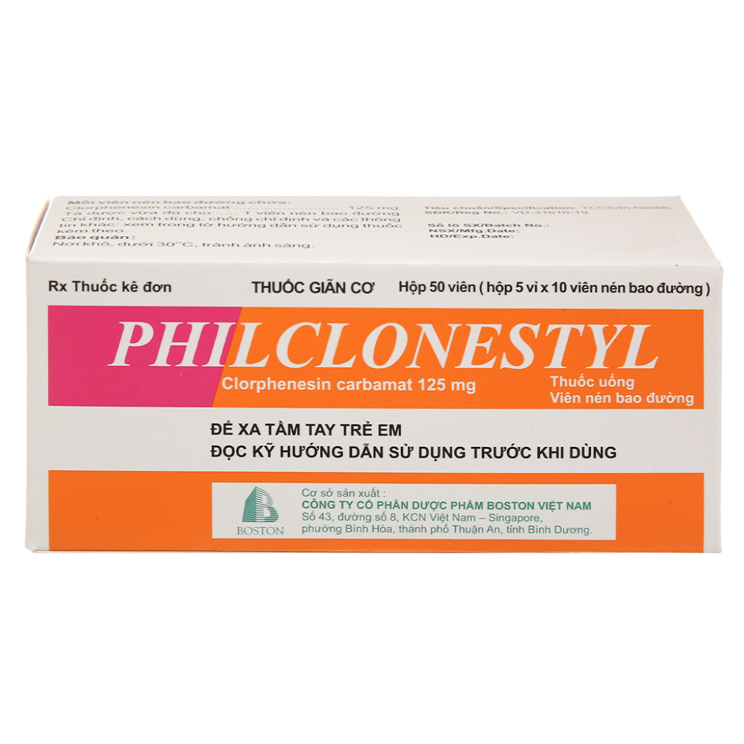 1609. Rx Philclonestyl - (Chlorphenesin carbamat 125mg) - [Thùng 112 Hộp; Hộp 5 Vỉ; Vỉ 10 Viên] Bostonpharma - Việt Nam