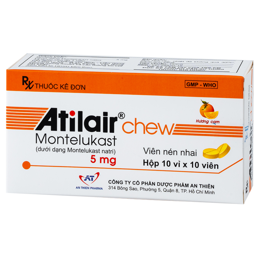 1740. Atilair Chew - (Montelukast (Dưới dạng Montelukast natri 5,19mg) 5mg) - [Thùng 72 Hộp; Hộp 10 Vỉ; Vỉ 10 Viên] An Thiên - Việt Nam