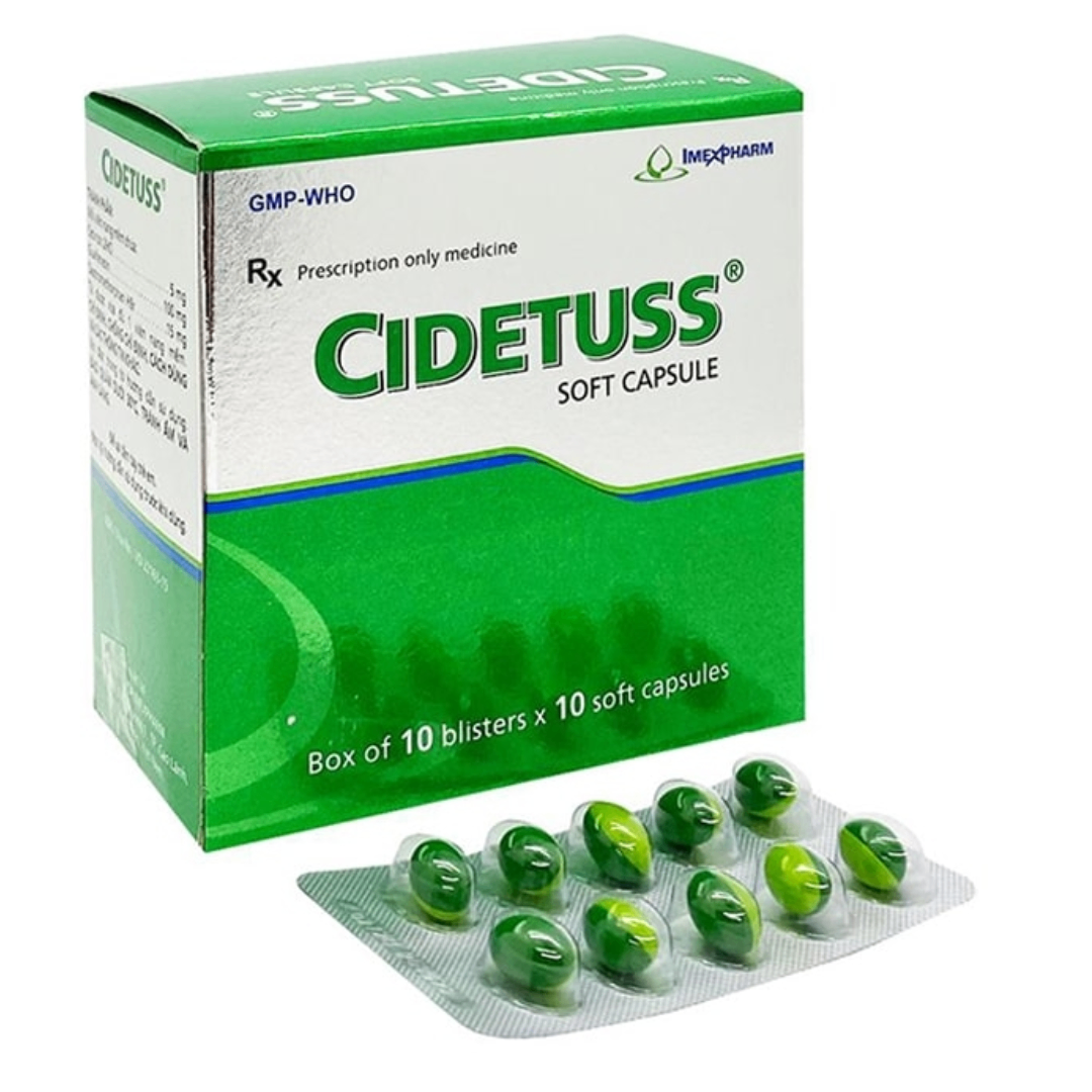1523. Cidetuss - (Guaifenesin 100mg + Cetirizin dihydrochlorid 5mg + Dextromethorphan hydrobromid 15mg) - [Thùng 48 Hộp; Hộp 10 Vỉ; Vỉ 10 Viên] Imexpharm - Việt Nam