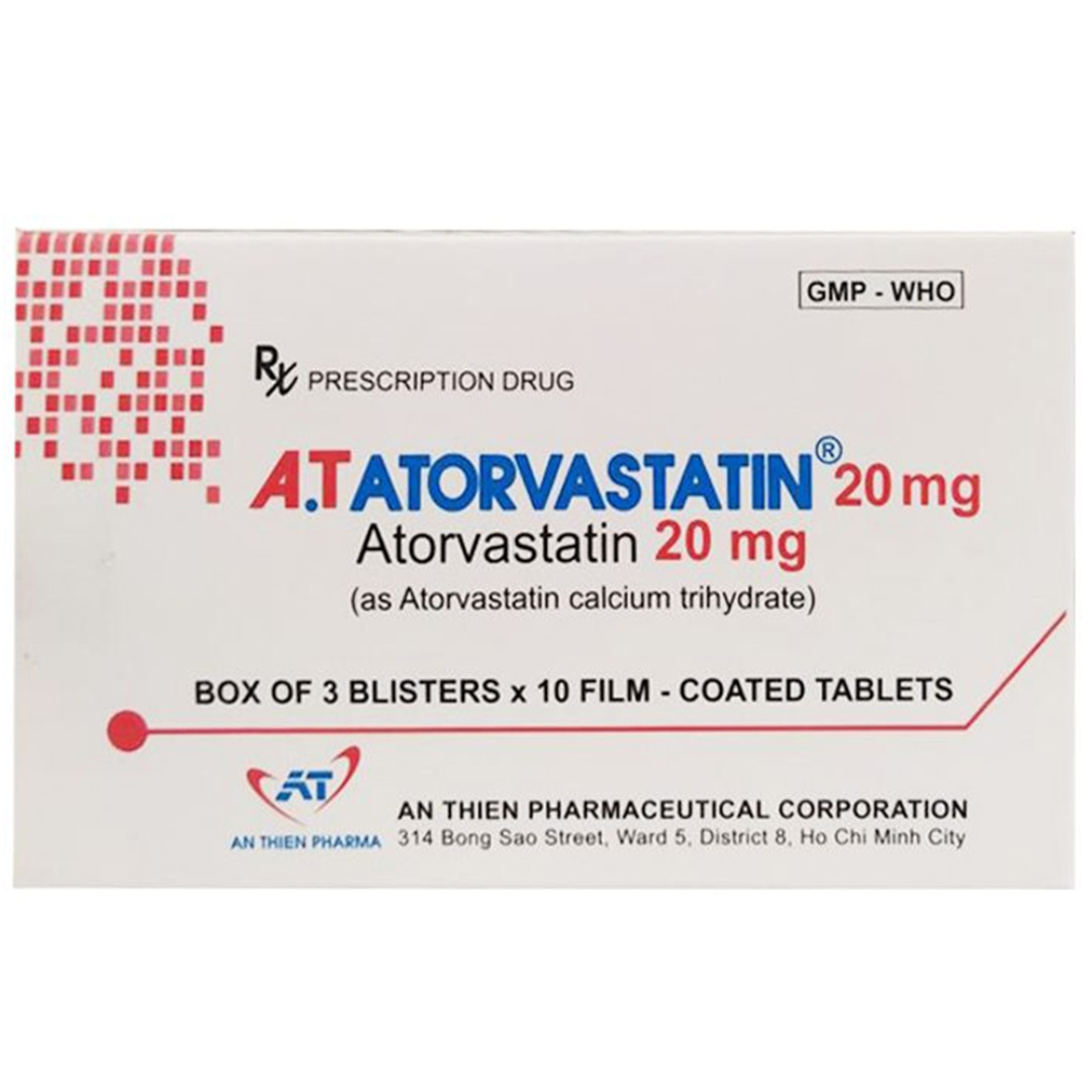 1842. A.t Atorvastatin 20 Mg - (Atorvastatin 20mg) - [Thùng 250 Hộp; Hộp 3 Vỉ; Vỉ 10 Viên] An Thiên - Việt Nam