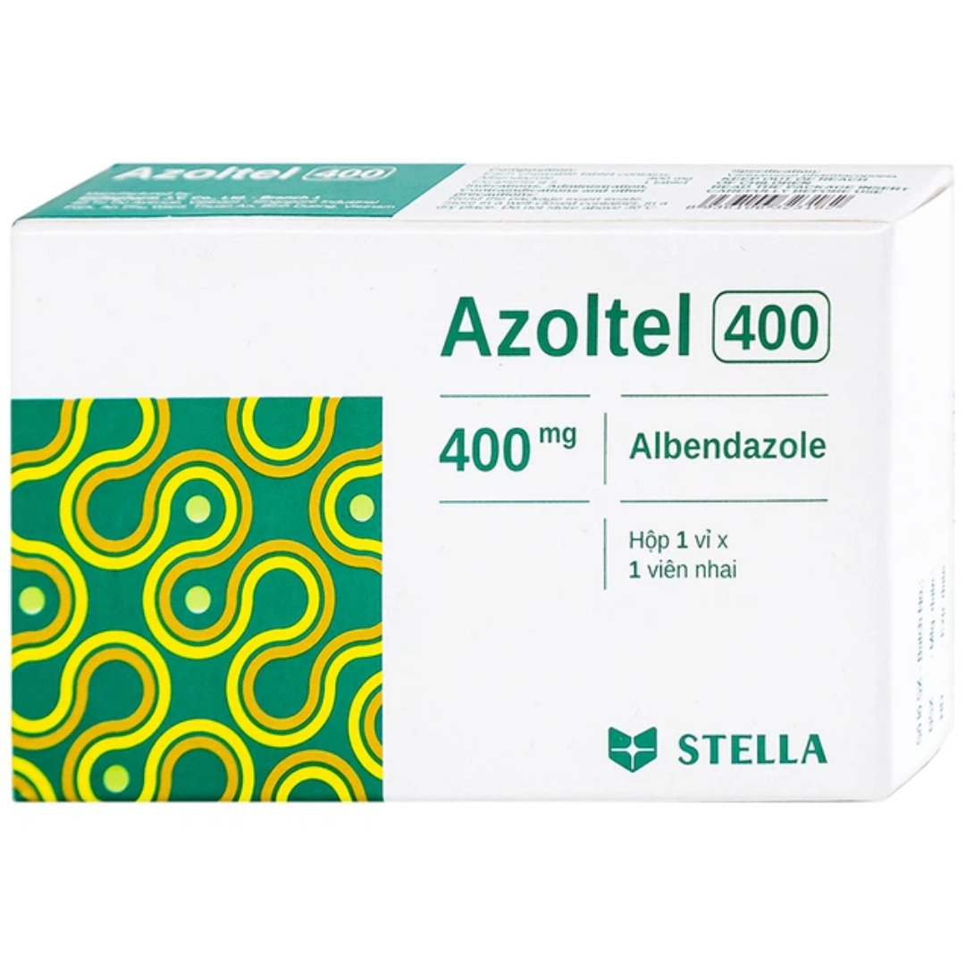 1970. Azoltel 400 - (Albendazol 400mg) - [Thùng 420 hộp; hộp 1 Vỉ; Vỉ 1 viên] Stella - Việt Nam