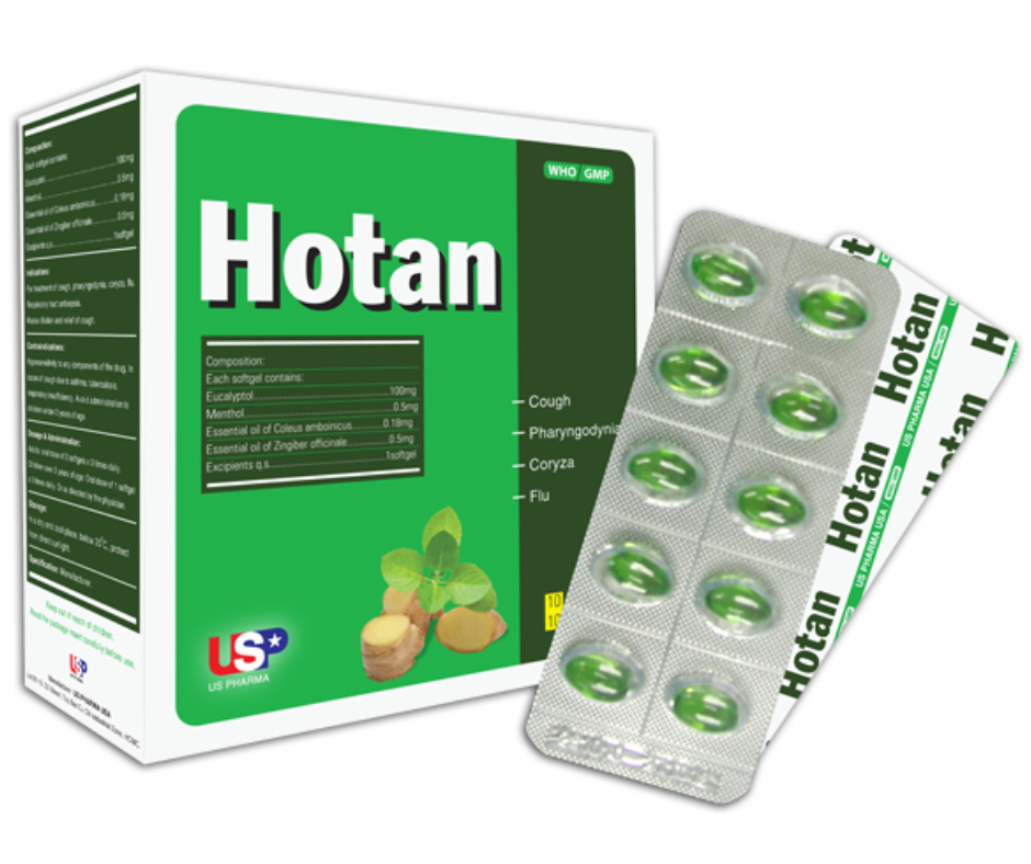 3123. Hotan - (Eucalyptol 100mg + Menthol 0.5mg + Tinh dầu tần 0.18mg + Tinh dầu gừng 0.5mg) - [Thùng 102 Hộp; Hộp 10 Vỉ; Vỉ 10 Viên] Us Pharma Usa - Việt Nam