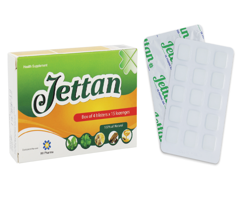 3188. JETTAN - (Tinh dầu tần 1mg + Tinh dầu gừng 0.6mg + Tinh dầu quế 1mg + Eucalyptol 0.6mg + Menthol 3mg + Mật ong 12mg) - [Thùng 122 Hộp; Hộp 4 Vỉ; Vỉ 15 Viên] Us Pharma Usa - Việt Nam