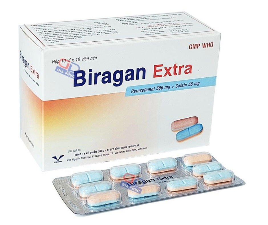 3387. Biragan Extra - (Paracetamol 500mg + Cafein 65mg) - [Thùng 45 hộp; hộp 10 vỉ; vỉ 10 viên] Bidiphar - Việt Nam