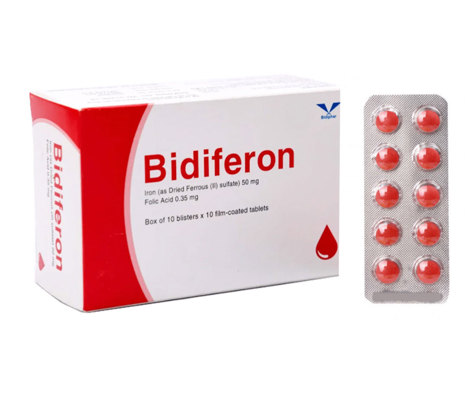 3453. Bidiferon - (Sắt 50mg + Acid Folic 0.35mg) - [Thùng 60 hộp; hộp 10 vỉ; vỉ 10 viên] Bidiphar - Việt Nam