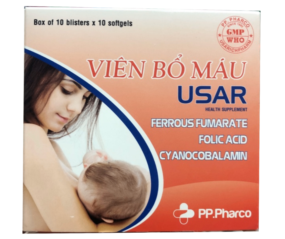 3571. Viên Bổ Máu Usar - (Sắt Fumarat 16.2mg + Acid folic 50mcg + Vitamin B12 1.25mcg) - [Thùng 120 hộp; hộp 10 vỉ; vỉ 10 viên] Pp.pharco - Việt Nam