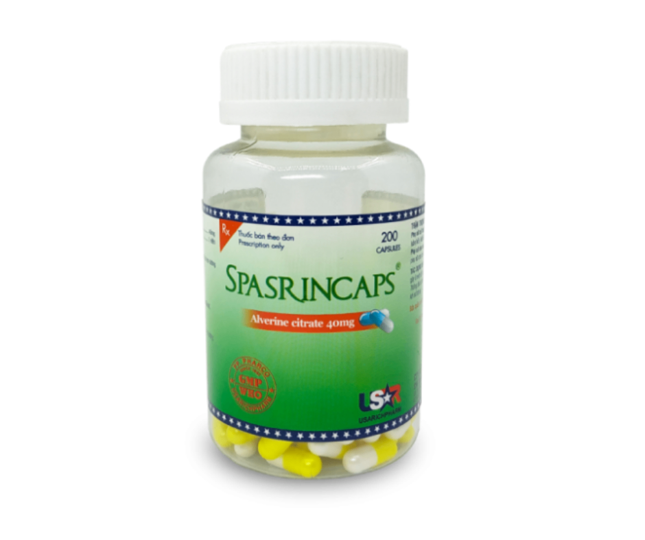3592. Spasrincaps (Màu Ngẫu Nhiên) - (Alverin citrat 40mg) - [Thùng 189 Chai; Chai 200 Viên] Pp.pharco - Việt Nam