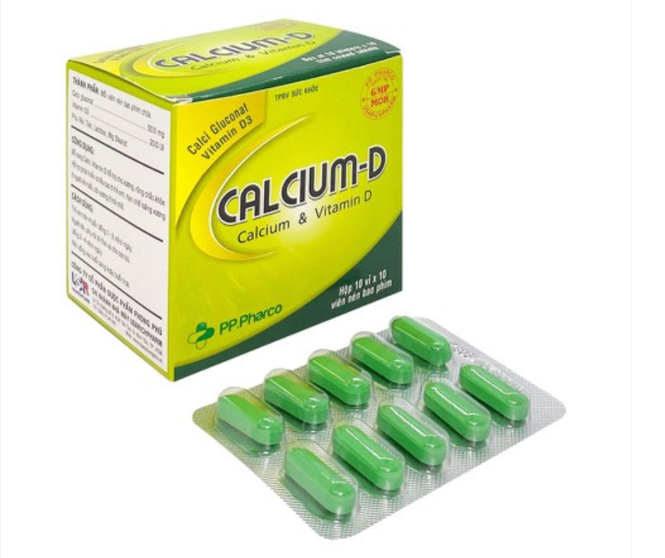 3608. Calcium-D - (Trong 1 viên có chứa: Calci gluconate 200mg + Vitamin D3 20UI) - [Thùng 120 hộp; hộp 10 vỉ; vỉ 10 viên] Pp.pharco - Việt Nam