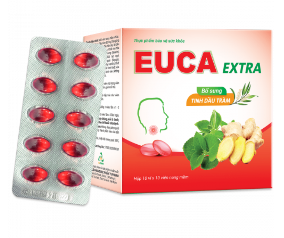 1459. Euca Extra - (Eucalyptol 100mg + Tinh dầu tràm 50mg + Tinh dầu gừng 0.75mg + Tinh dầu tần 0.36mg + Menthol 0.5mg) - [Thùng 48 hộp; hộp 10 vỉ; vỉ 10 viên] Trà Vinh - Việt Nam