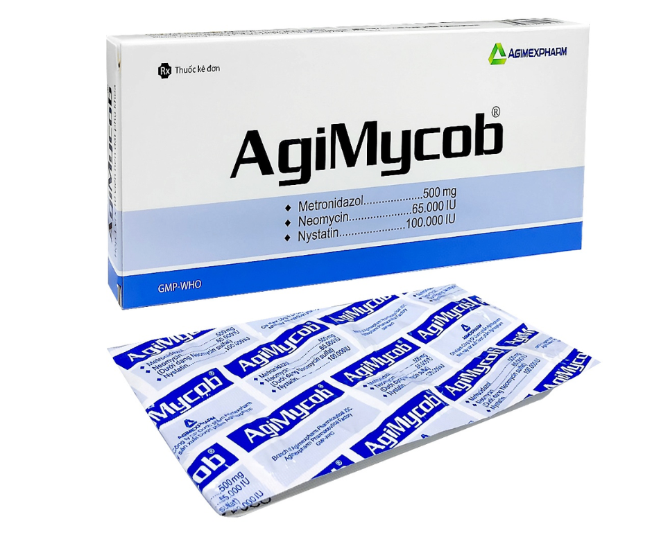 4179. (KSĐB) Agimycob - (Metronidazol 500mg + Neomycine 65.000IU + Nystatin 100.000IU) - [Thùng 192 Hộp; Hộp 1 Vỉ; Vỉ 10 Viên] Agimexpharm - Việt Nam