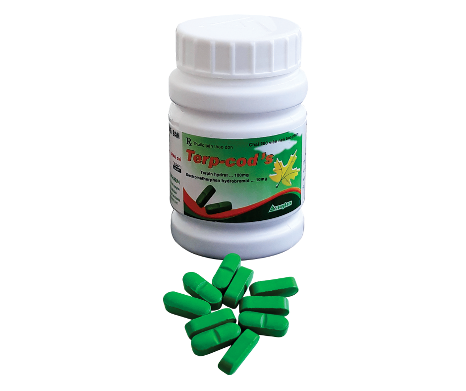 4569. Terp-Cod's (Bf Xanh) - (Terpin hydrat 100mg + Dextromethorphan hydrobromid 100mg) - [Thùng 120 Chai; Chai 200 Viên] Vacopharm - Việt Nam